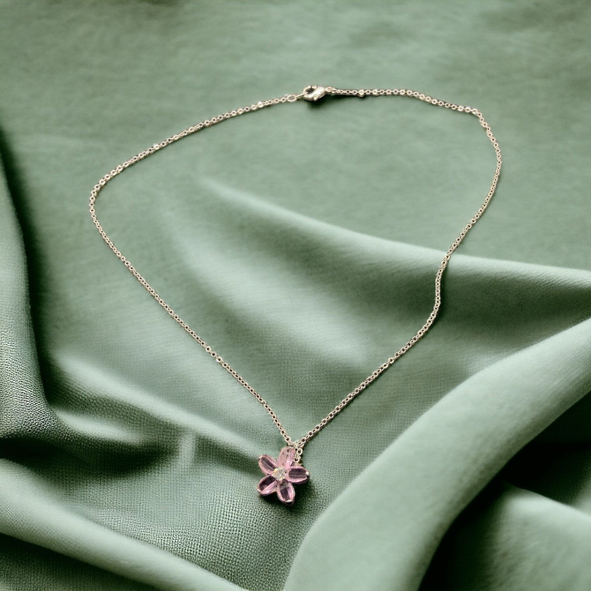 Delicate Dainty Pink Stone Flower Necklace